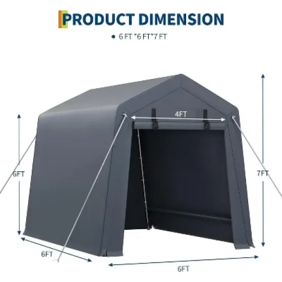 Acekool 6x6 FT Portable Outdoor Storage Shed, Dual Roll-Up Zipper Doors, Heavy-Duty Waterproof PE Tarp, UV-Resistant Shelter for Tools, Gray image {5}