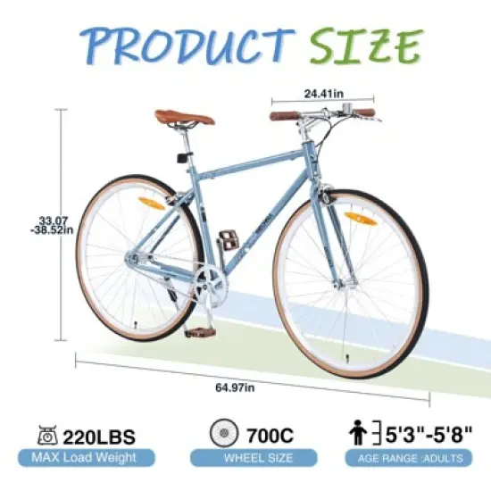 INFURNIC Bicycles Single Speed Retro 700C Road Bike with Steel Frame and Double Caliper Brakes for City Riding, Blue-gray, 64.97"*24.41"*38.52" image {3}