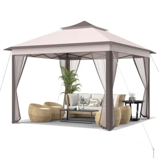 Tangkula 11 x 11 ft Pop up Gazebo 2-Tier Patio Canopy Tent Shelter w/ Carrying Bag Beige/Brown image {6}