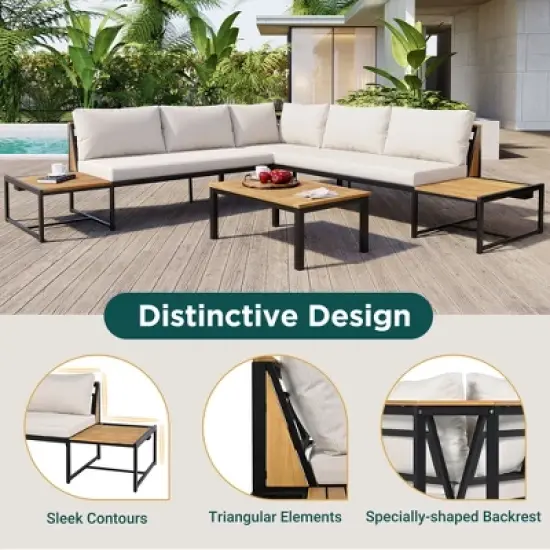 Patio Sectional Sofa Set, Outdoor Iron-Wood Seating Group Conversation Set with Side Table and Cushions for Garden, Backyard -ModernLuxe image {4}