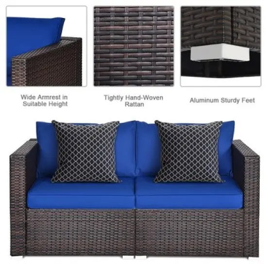Tangkula 4PCS Rattan Corner Sofa Set Patio Outdoor Furniture Set w/ Navy Cushions image {5}