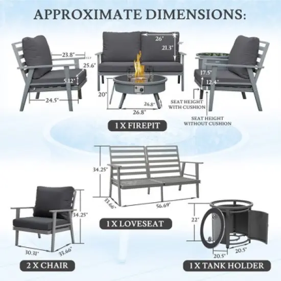 LeisureMod Walbrooke 4-Piece Outdoor Patio Conversation Set &ndash; Grey Trim Fire Pit Table with Cushioned Ottoman for Patio, Deck, Balcony & Backyard image {8}