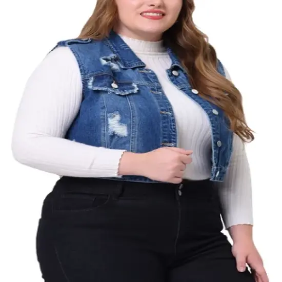 Agnes Orinda Women's Plus Size Sleeveless Chest Pockets Button-Up Denim Vests image {1}