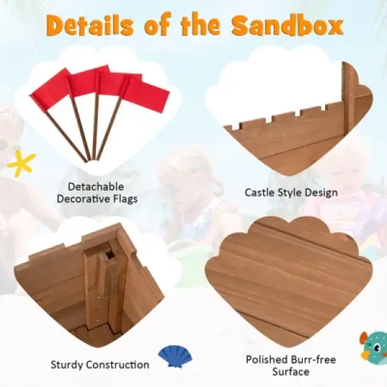 Costway Solid Wood Kids Sandbox w/ 2 Bench Seats, Outdoor Sandpit w/ Storage Box & Flags image {6}