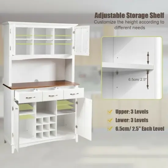 Costway Buffet And Hutch Kitchen Storage Cabinet Cupboard w/ Wine Rack & Drawers White image {7}