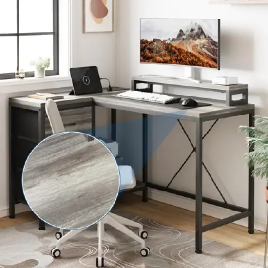 47 Inch Computer Desk, L Shaped Desk with Power Outlets and Led Lights, 3-Drawer Gaming Desk with Storage Shelves and Monitor Stand, Reversible image {8}