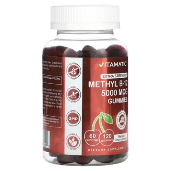 Vitamatic Extra Strength Vitamin B12 5000 mcg (Methyl B12) Gummies - 120 Count - Energy Metabolism Support and Nervous System Health Support, Natural image {4}