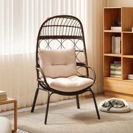 Tangkula PE Wicker Egg Chair Patio Cocoon Lounger w/ Comfortable Cushions & Metal Frame image {2}