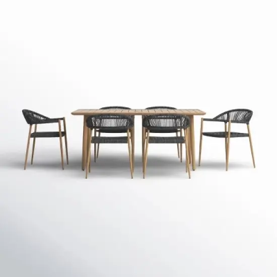 Rectangular Planked Wood Outdoor Dining Set：7-Piece Mesh Weave Chair Patio Furniture image {6}