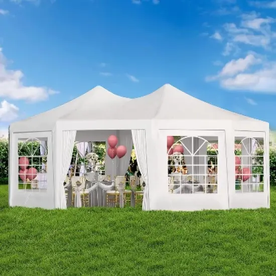 Erommy Party Tent, White Wedding Tent, Octagonal Heavy Duty Canopy with 6 Removable Sidewalls, 6 Church Windows and 2 Pull-Back Doors image {5}