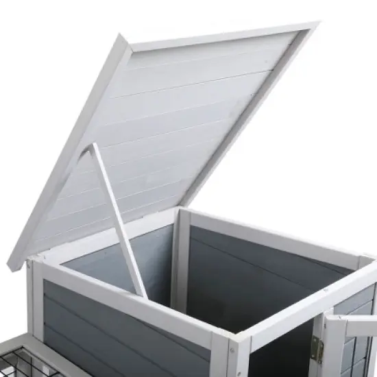 DOMETOUR Wooden Rabbit Hutch, Outdoor Pet Bunny House Wooden Cage with Ventilation Gridding Fence, Openable Door, Cleaning Tray, Gray image {9}