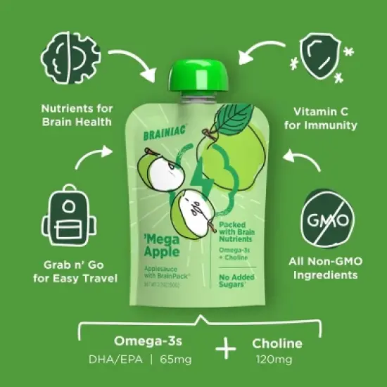 Brainiac Kids Brain Squeezers Applesauce Pouches with Omega-3s Variety Pack Apple, Strawberry and Cinnamon - 3.2oz/10ct image {5}