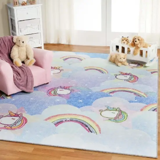 Unicorn Rainbow Colorful Kids Playroom Nursery Washable Indoor Area Rug by Blue Nile Mills image {1}
