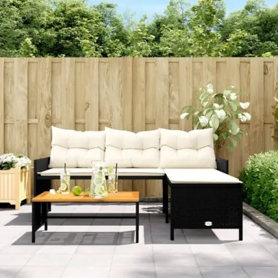 vidaXL L-Shaped Patio Sofa Set - Black Poly Rattan Outdoor Furniture with Acacia Wood Table and Cream White Cushions image {2}