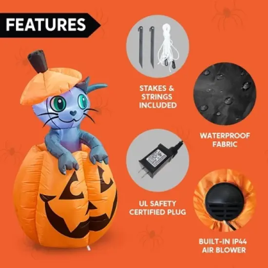 Joyfy 5 FT Tall Halloween Inflatable Outdoor Decorations, Animated Kitty Cat On Pumpkin Inflatable for Halloween Party Indoor Outdoor Yard Lawn Decor image {5}