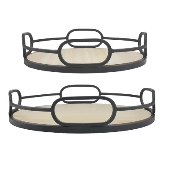 2pc Modern Round Wood and Metal Serving Tray Set Brown - Stonebriar Collection image {1}