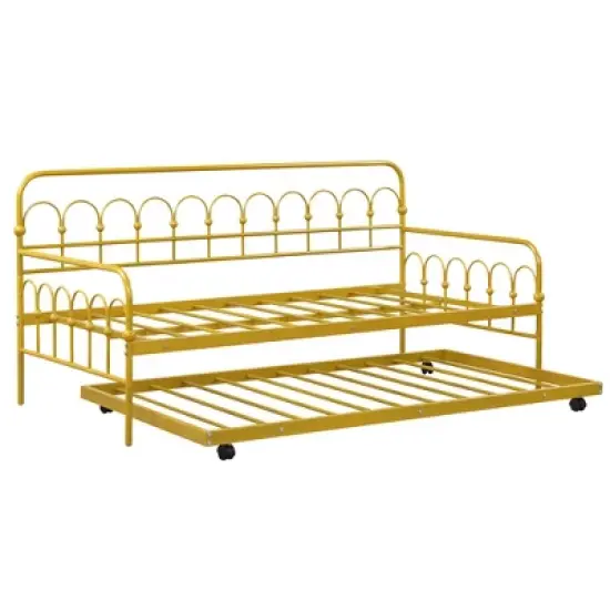 Costway Twin Size Metal Daybed with Trundle Space-Saving Sofa Bed Lockable Wheels Gold image {9}