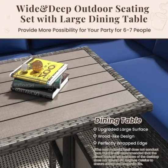 COWLOWN 7 Piece Blue Outdoor Patio Furniture Set, Brown Rattan with Dining Table, 3 Ottomans, Thickened Cushions for Backyard, Deck and Garden image {5}