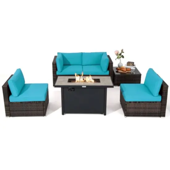 Tangkula 6 Pieces Outdoor PE Rattan Wicker Sectional Sofa with 42" 60,000 BTU Gas Fire Pit Table, Patio Conversation Set with Tempered Glass Coffee Table Black/Navy Blue/Red/Turquoise/Off White image {14}