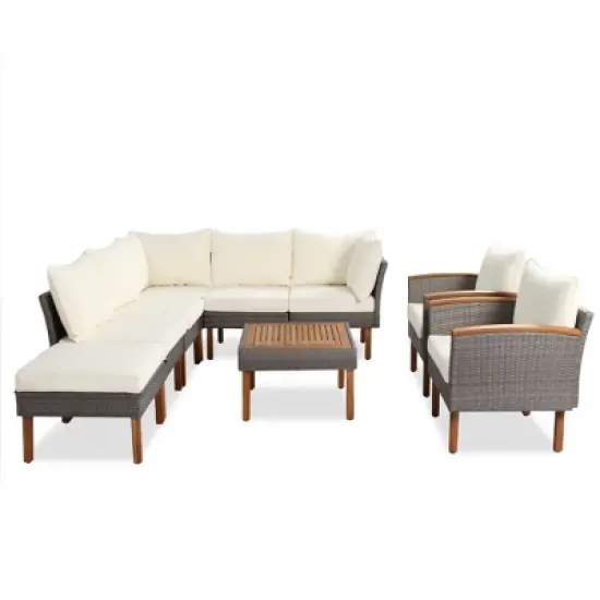 FIONECA 9-Piece PE Rattan Patio Furniture Set with Acacia Wood Legs & Tabletop, Sectional Sofa Set with Cushions & Coffee Table, Beige image {5}