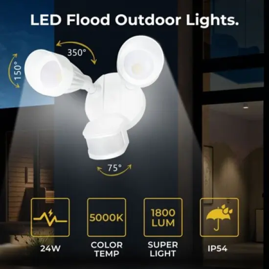 R.W.FLAME LED Flood Motion Sensor Outdoor Lights, 24W 1800LM 5000K IP54 Waterproof, 5 Lighting Modes, 4 Lighting Durations, 3 Detection Distances image {2}