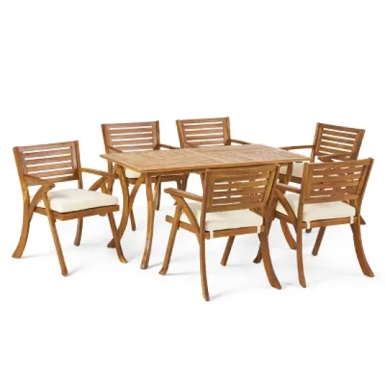 GDFStudio Baia Outdoor Acacia Wood 7 Piece Dining Set with Cushion, Teak/Cream image {9}