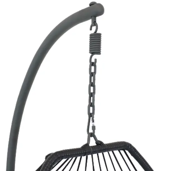 Sunnydaze Outdoor Resin Wicker Patio Oliver Lounge Hanging Basket Egg Chair Swing with Cushions, Headrest, and Steel Stand Set - Gray - 3pc image {2}
