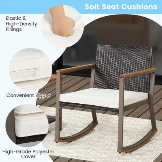 Tangkula 3PCS Patio Rattan Rocking Chair Bistro Set Armrest Cushion Table w/ Storage Shelf image {4}