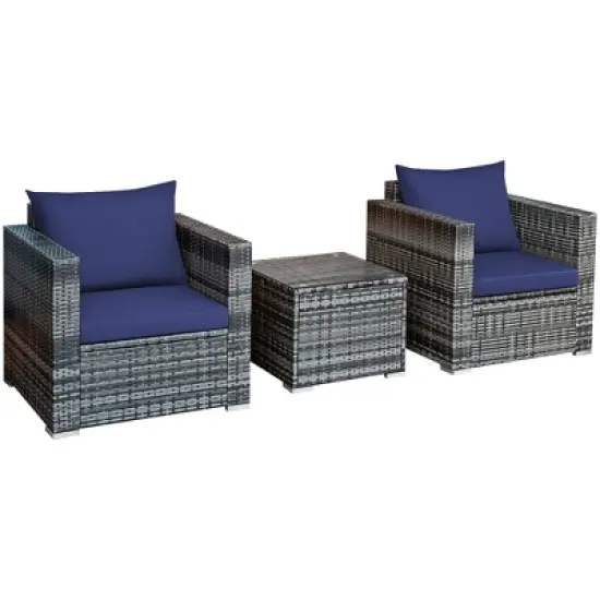 Costway 3 PC Patio Rattan Furniture Bistro Set Cushioned Sofa Chair Table White\Navy image {9}