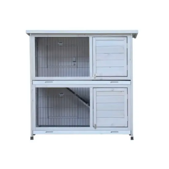 Akoasm 41 inch 2-Story Rabbit Cage with 2 Removable No-Leak Trays, Non-Slip Ramp, Waterproof Roof, Fence-Gray image {2}