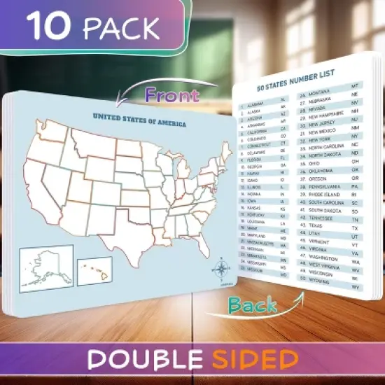 SCRIBBLEDO US Map 11"x14" Dry Erase Sheets Pack of 10 &ndash; Double-Sided with State Names on Back image {1}