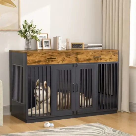 VECELO 55.1" Dog Crate, Wooden Decorative Dog Kennel Indoor With 2 Drawers for Medium/Large Dogs, Brown image {15}