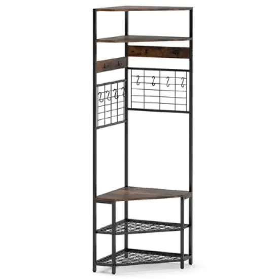 Tangkula 5-Tier Corner Hall Tree w/ Shoe Storage Bench 12 Metal Hooks for Living Room Brown image {9}