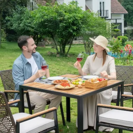 FIONECA All-Weather 5-Piece Patio Dining Set with Acacia Wood Table Top & Umbrella Hole, Coffee Brown Rattan Outdoor Conversation Set image {4}