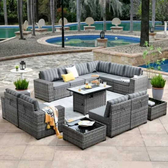 Marlton 13pc Wicker Outdoor Patio Furniture Set Conversation Sofa Set with a Rectangle Fire Pit and Cushions image {17}