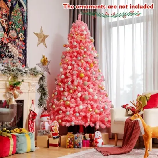 Costway 4.5/6.5/7.5 ft Snow Flocked Hinged Artificial Christmas Tree w/ Metal Stand Pink image {1}