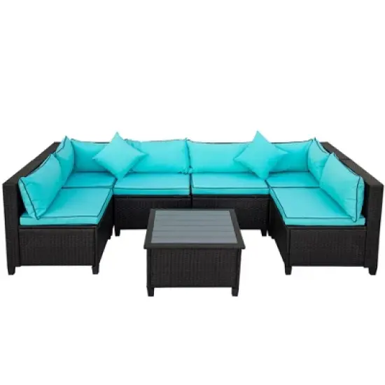 7pc Wicker Outdoor Sectional Seating Set with Cushions - Dark Brown/Blue - GODEER image {3}