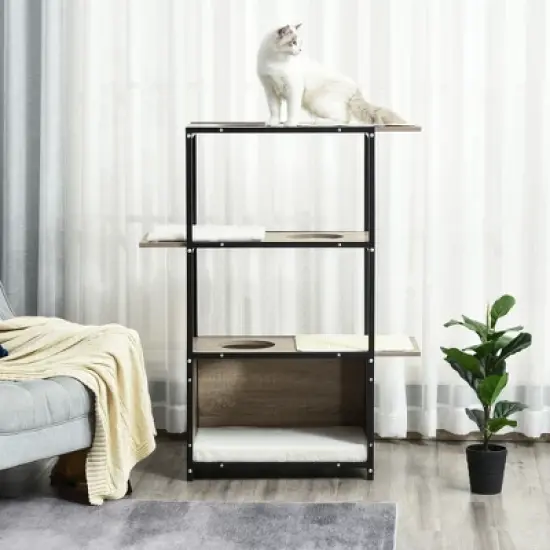 PawHut 48"H Cat Tree Cat Activity Tower with 3 Climbing Platforms, 1 Condo, Scratch Pad and Removable Cushions, gray/Black image {5}