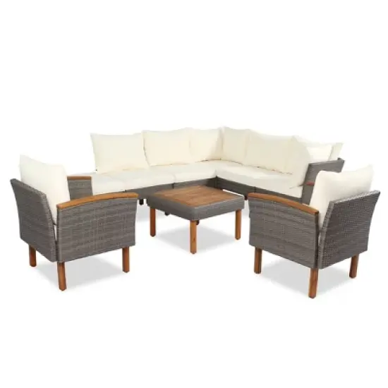 FIONECA 9-Piece Outdoor Patio Rattan Furniture Set with Acacia Wood Legs & Tabletop, PE Rattan Sectional Sofa & Coffee Table, Beige Cushions image {5}