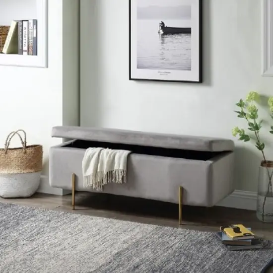 Simple Relax Velvet Storage Bench with Metal Legs in Gray image {1}