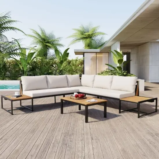 Outdoor 4-Piece Sofa Set, Sofa Set with Side Table and Coffee Table, Sofa with Iron Frame and Polyester Cushions-Coolbibila image {1}