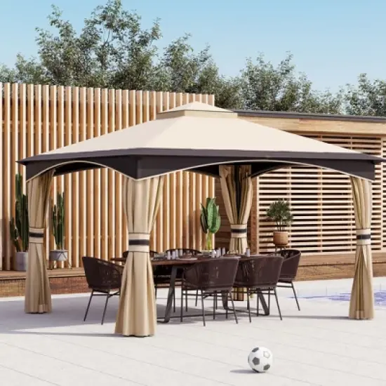 Outsunny 10.5' x 12' Outdoor Gazebo with Mesh Netting Sidewalls for Shade and Rain, Patio Gazebo Canopy with 2-Tier Soft Top Roof and Steel Frame image {2}