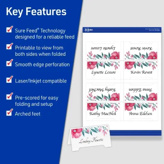 Avery Printable Arched Place Cards with Sure Feed Technology, 2-1/16" x 3-3/4", White, 100 Blank Tent Cards for Laser or Inkjet Printers (35700) image {1}