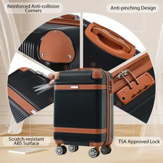 3 PCS ABS Lightweight Hard Shell Carry on Luggage(20") with Travel Bag, Spinner Wheels and TSA Lock - ModernLuxe image {2}