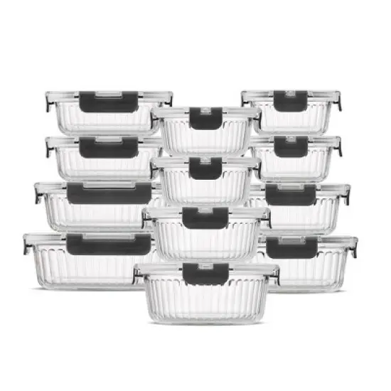 JoyJolt 24 Piece Fluted Glass Food Storage Containers with Leakproof Lids Set - Black image {2}