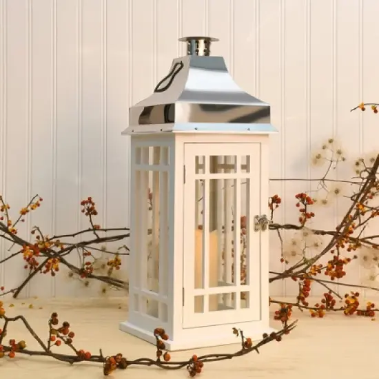 LumaBase Wooden Lantern with Battery-Operated Candle - White with Chrome Roof image {3}