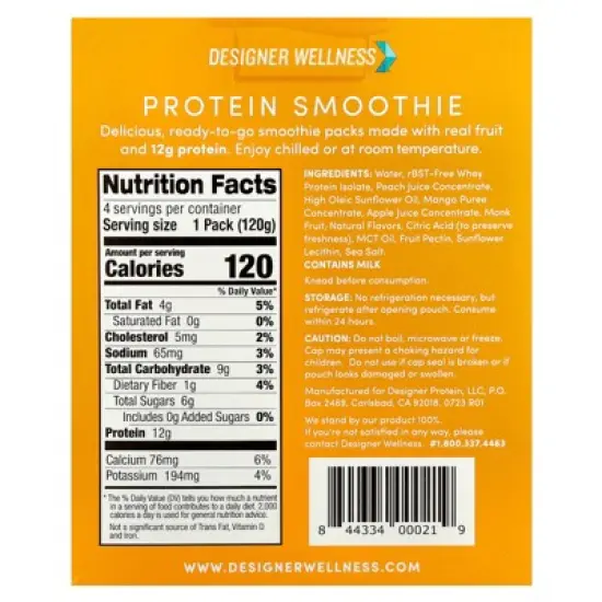 Designer Wellness Protein Smoothie, Peach Mango, 4 Packs, 4.2 oz (120 g) Each image {1}