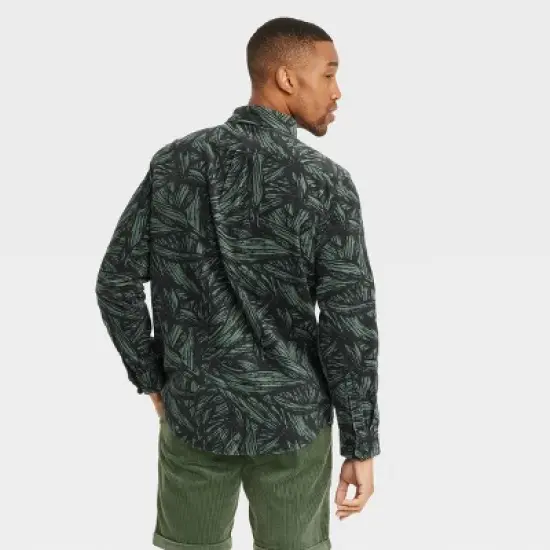 Houston White Adult Leaf Print Woven Cord Button-Down Shirt - Green image {1}