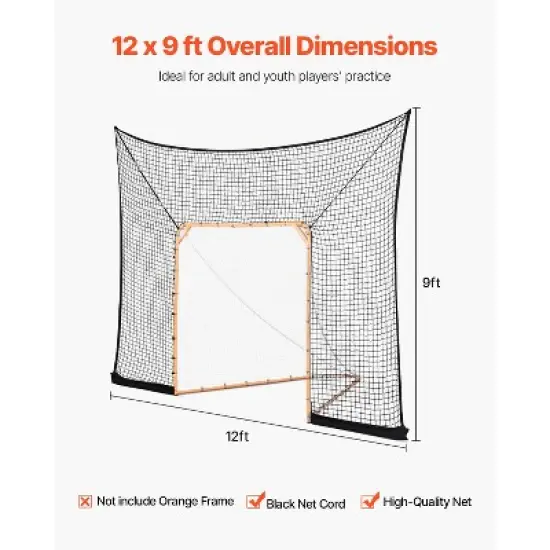 VEVOR Hockey and Lacrosse Goal Backstop, 12x9 ft Lacrosse Net with Extended Coverage, Backyard Lacrosse Equipment, for Youth Adult (NET ONLY), Black image {5}