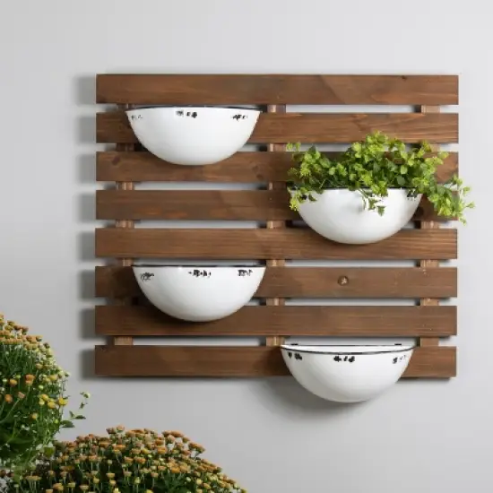 Rustic Slat Wood Wall Planter with Four Distressed White Enamel Pots - Foreside Home & Garden image {5}